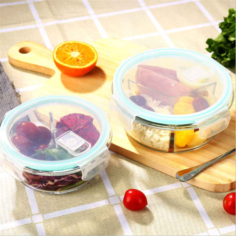 Glass compartmental lunch box, fresh-keeping box, microwave refrigerator storage box with lid