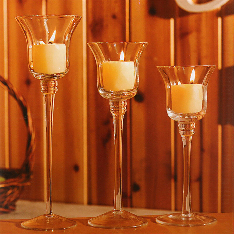 Tall transparent glass candle holder