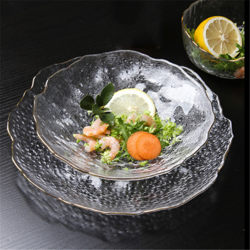 Glass lotus leaf plate glass smoke gray plate hammered glass fruit plate