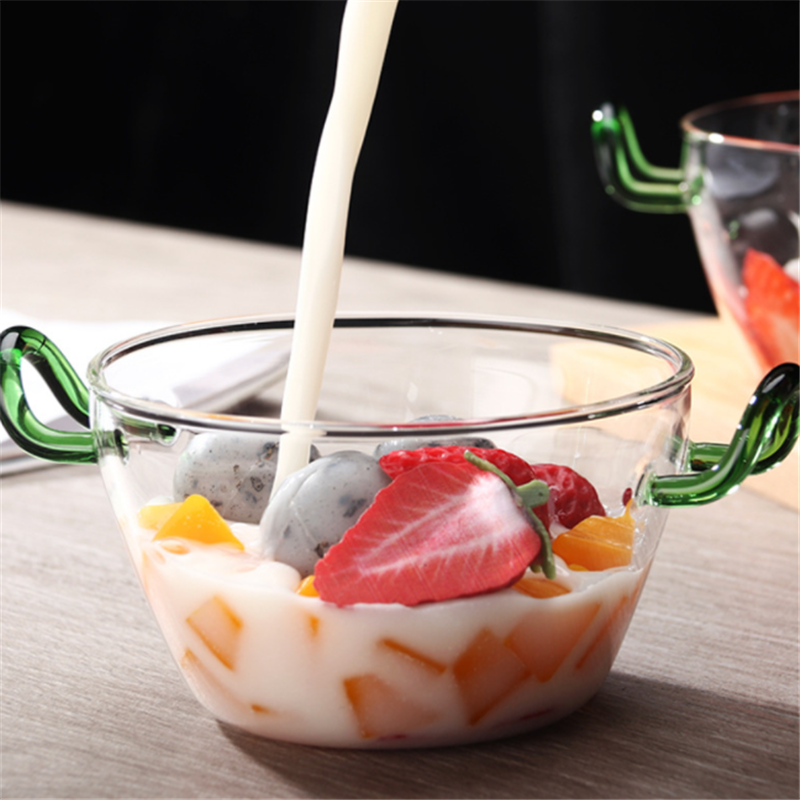 Household transparent explosion-proof heat-resistant glass green double handle dessert salad bowl