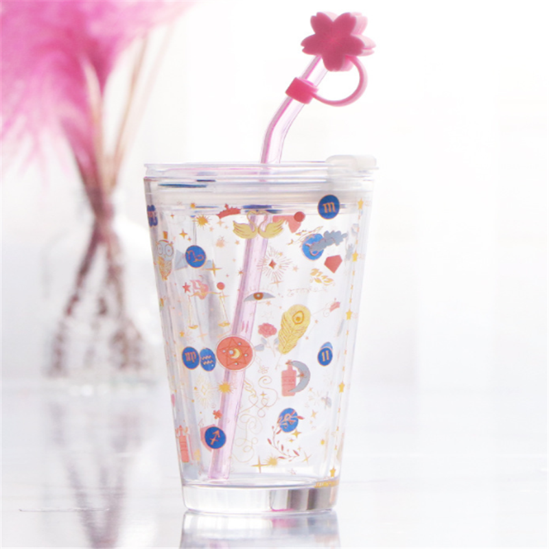 Creative starry sky glass water cup female cute thickened straw cup with lid scale