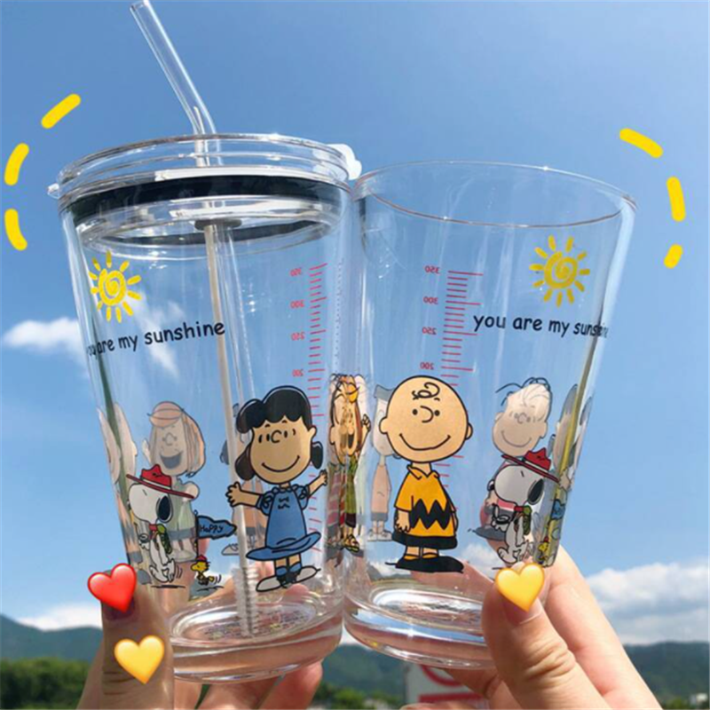 Creative printing glass children's cute with graduation line milk juice glass with lid straw