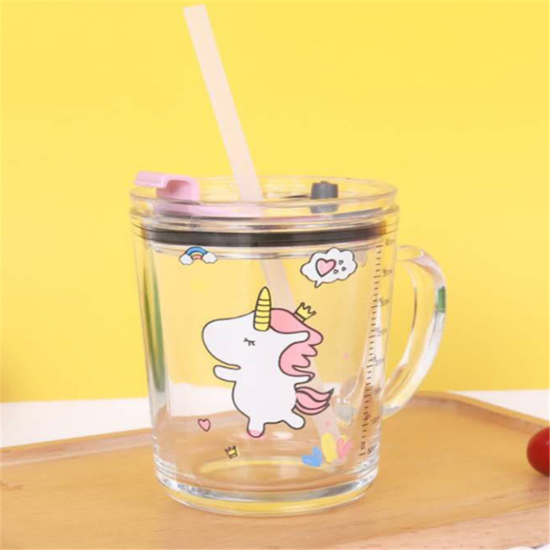 Straw glass creative thickened hot water transparent with handle and lid scale