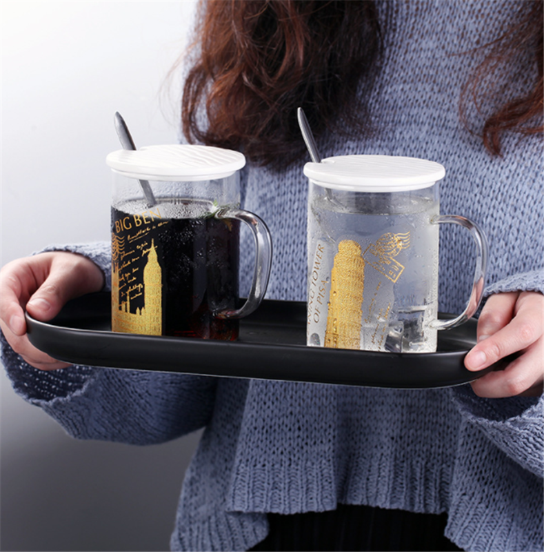 Transparent simple water cup with lid spoon milk cup heat-resistant building golden coffee cup