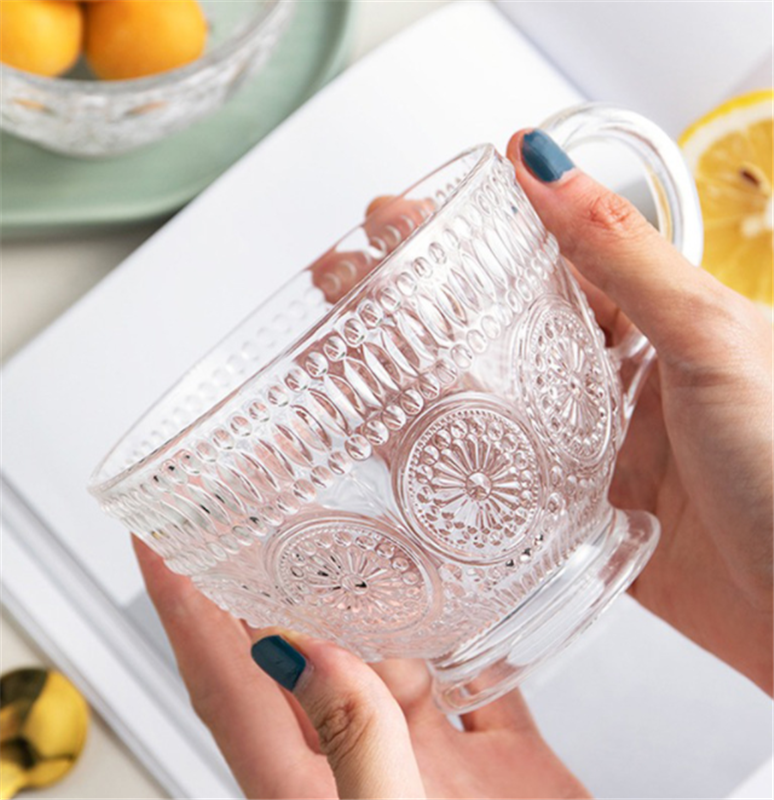 Retro Embossed Sun Flower Water Cup Milk Cup Breakfast Cup Household Glass Cup