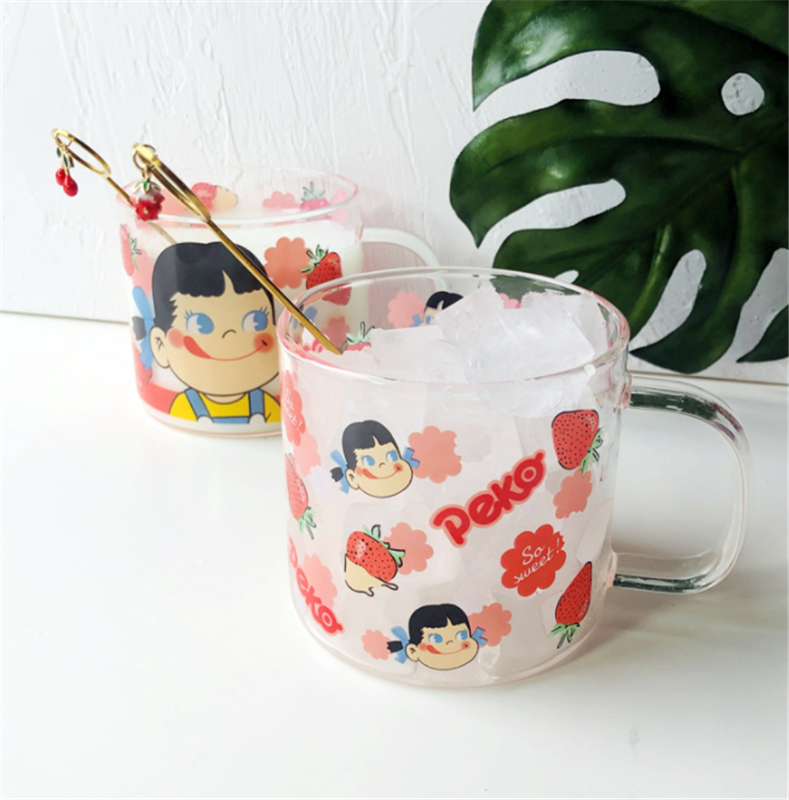 Japanese milk girl glass cup cute cartoon water cup breakfast cup girl heart strawberry drinking cup