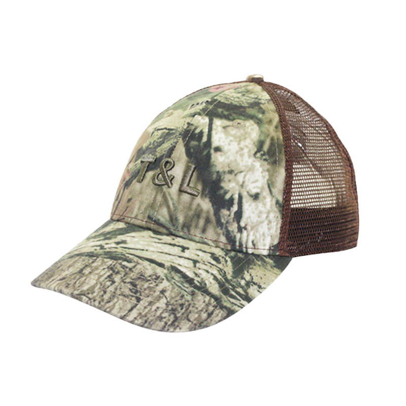 6 panels embroidery with camo fabric patch structured with mesh baseball cap