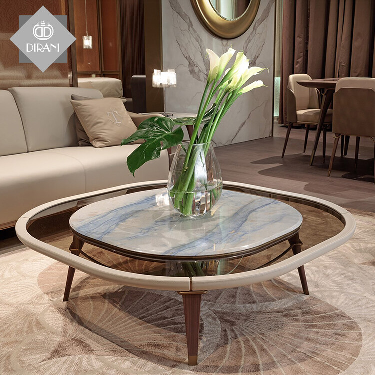 Postmodern Marble Glass Top Coffee Table