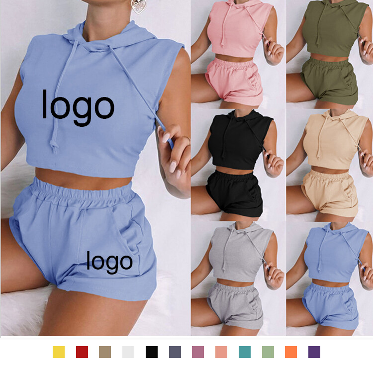Fall Custom Casual Crop Top Shirts With Hood and Shorts Women Two Piece Sets