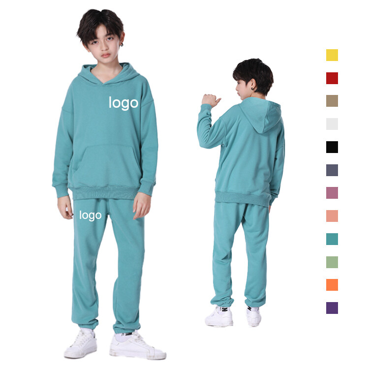 New Arrival Heavy Thick Custom Plain Pullover Kids Hoodie and Sweatpants Tracksuit