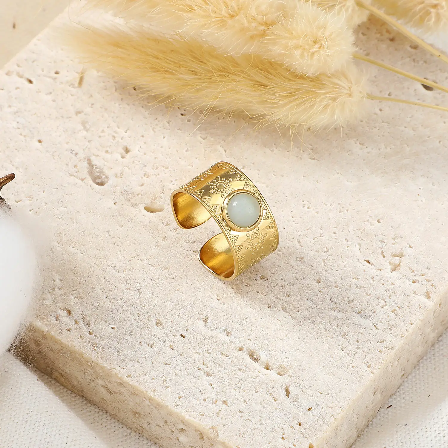 Pretty is me Collection  Chunky Ring with Curved Pattern And Opal Beads Adjustable Women Ring (2).webp