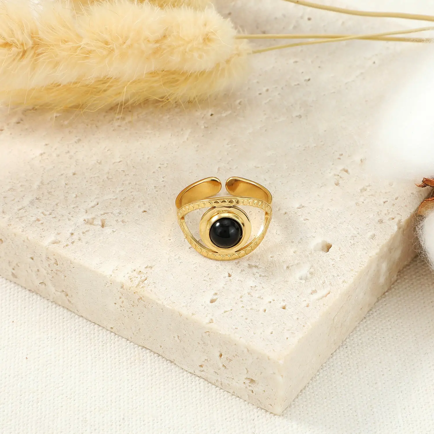 Pretty is me Collection Relief Dots Circled Black Agate Eye Adjustable Ring Staless Steel Ring with 18K Real Gold (4).webp