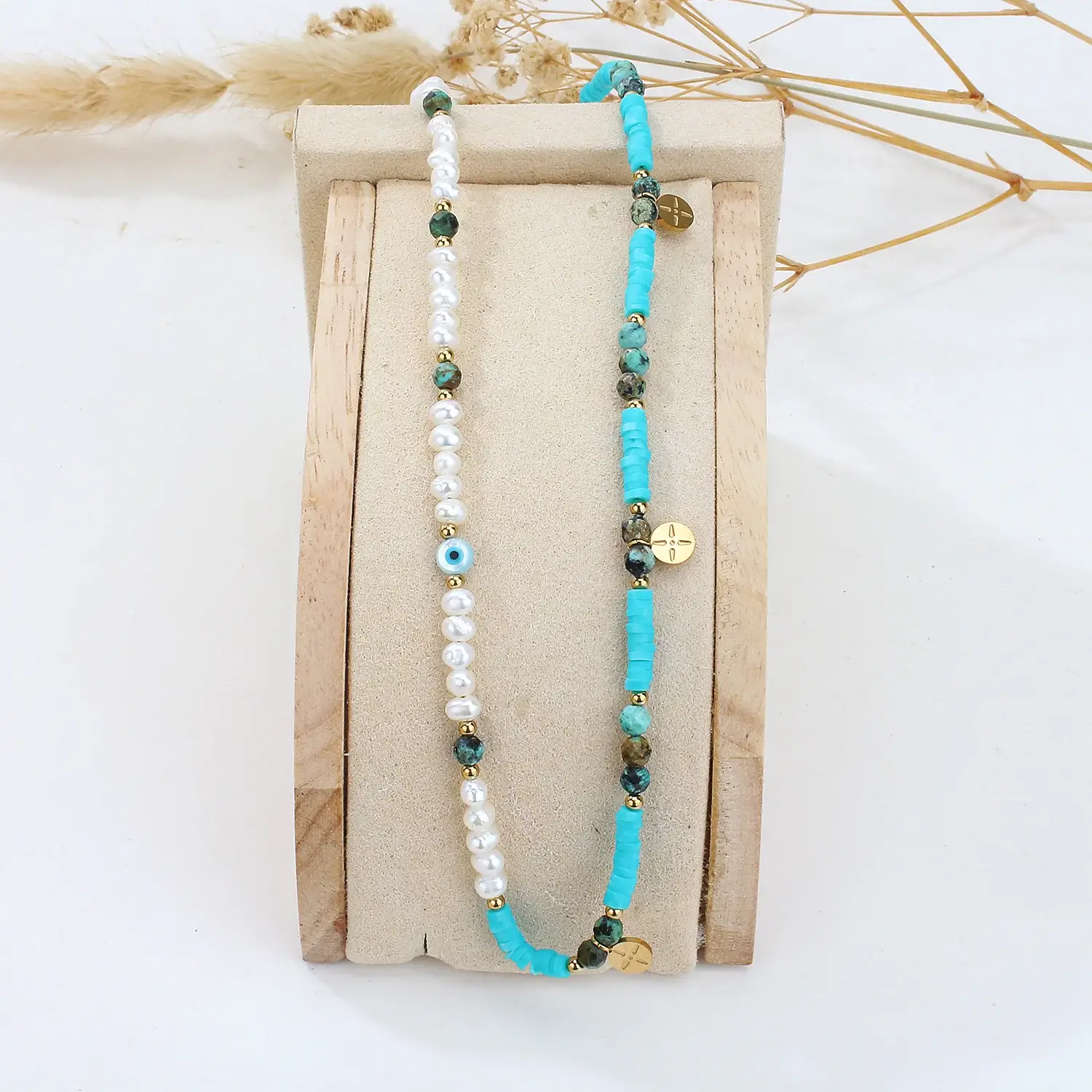 soft ceramic beads mix with natural pearl blue eye stainless steel necklace (3).webp