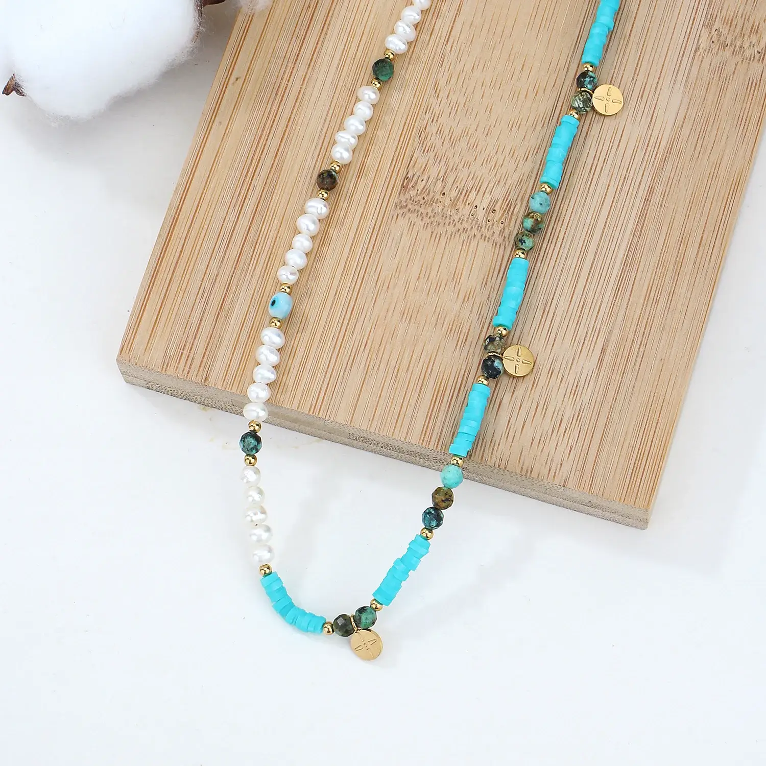 soft ceramic beads mix with natural pearl blue eye stainless steel necklace (1).webp