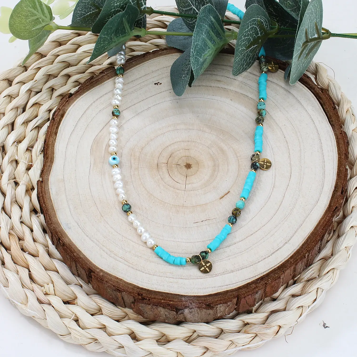 soft ceramic beads mix with natural pearl blue eye stainless steel necklace (2).webp