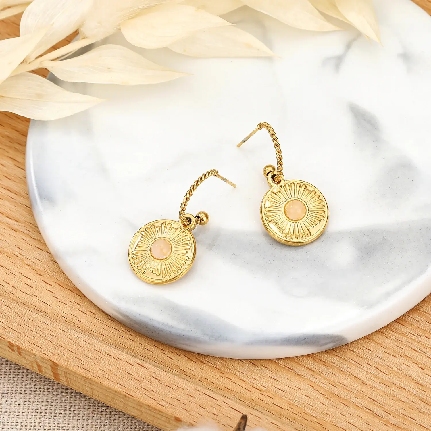 Thick Stainless Steel Round Plate With Relief Flower And Pink Quartz Hook Earring (4).webp