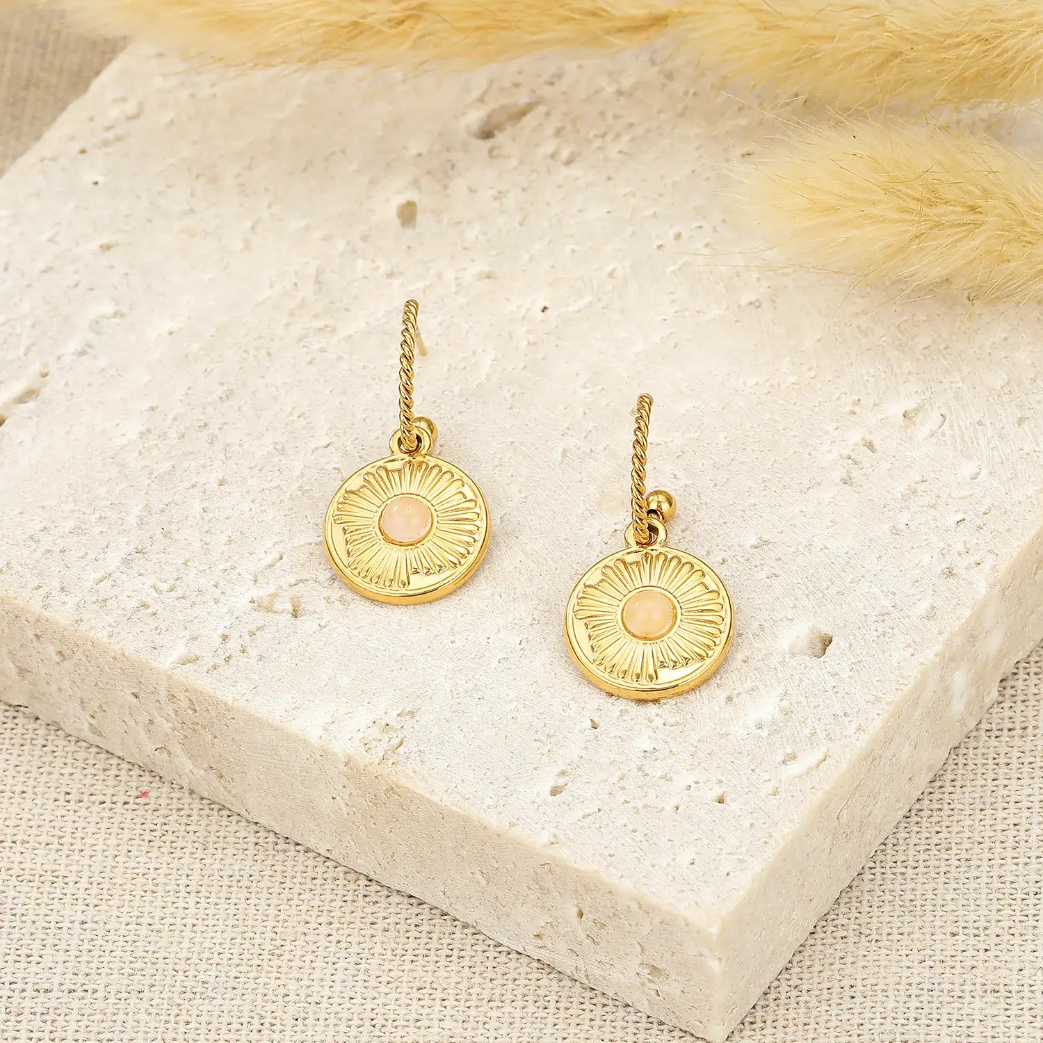 Thick Stainless Steel Round Plate With Relief Flower And Pink Quartz Hook Earring (1).webp