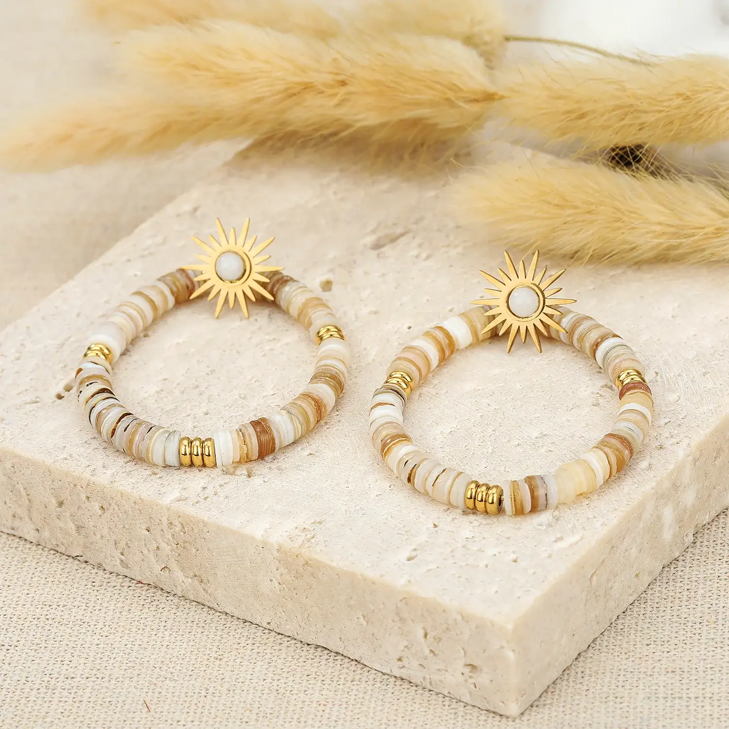 Burst Sun With Opal Stone White Shell Beads Cricle Stainless Steel Earring (3).webp