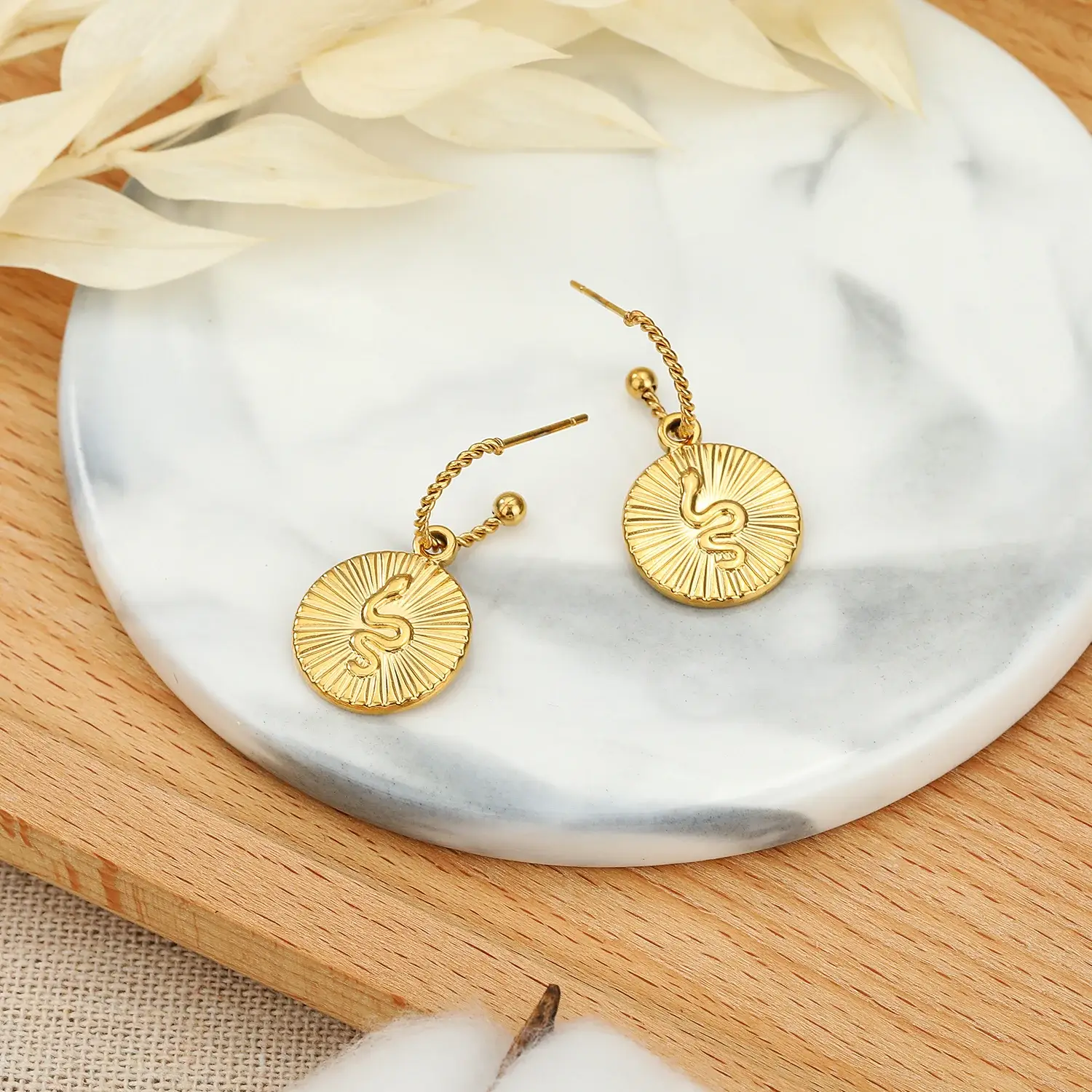 Relief Snake  Shape Roubd Pendant With Twisted Hook  Stainless Steel Earring (4).webp