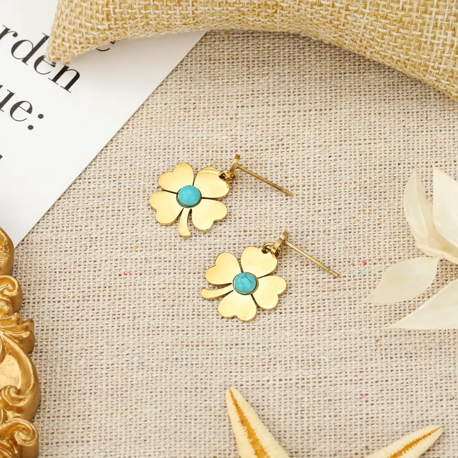 4 clover shape with turquoise stone  stainless steel  stud  (4).webp