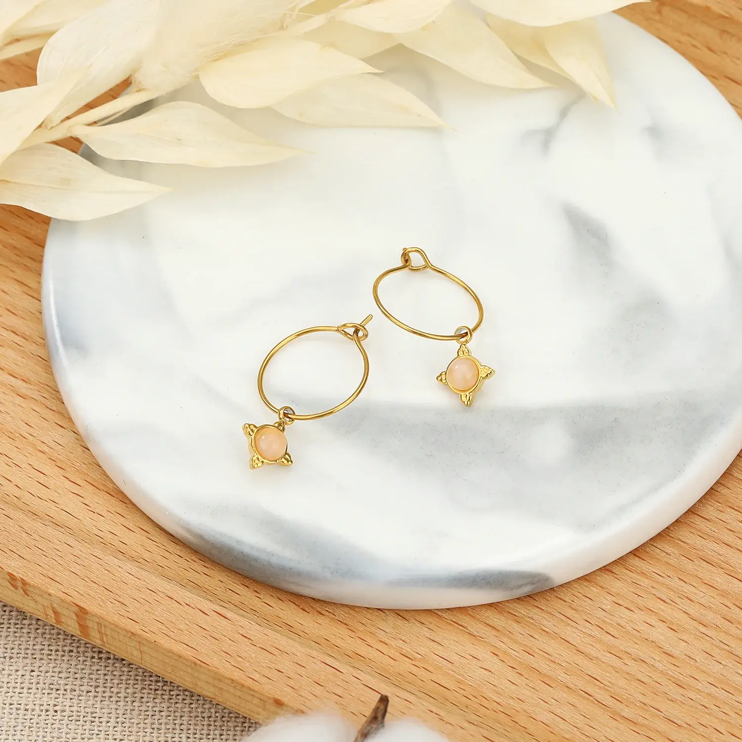 Pink Quartz Stainless Steel Hoop Earring  (4).webp
