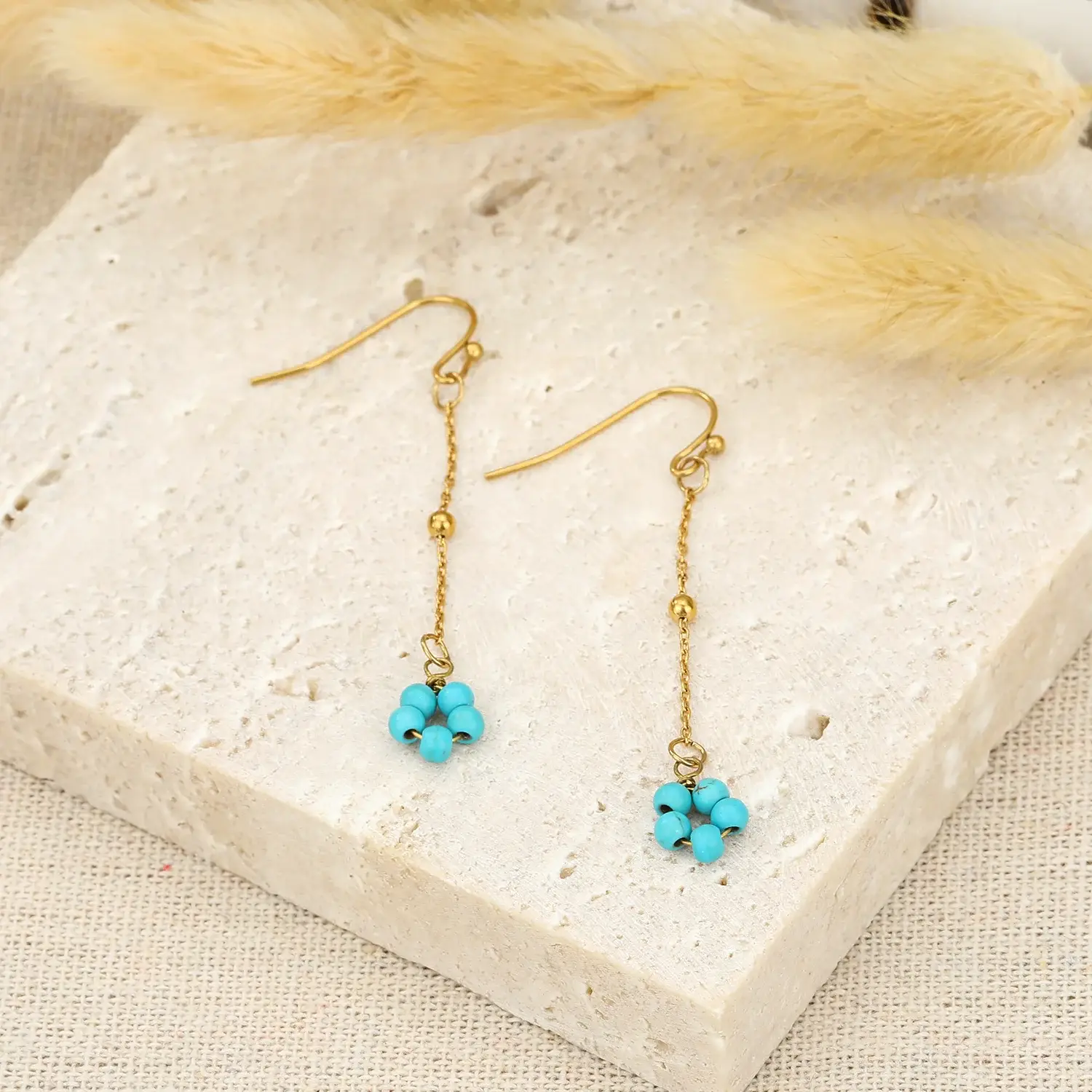 Turquoise beads flower circle with long chain Stainless steel Earring (2).webp