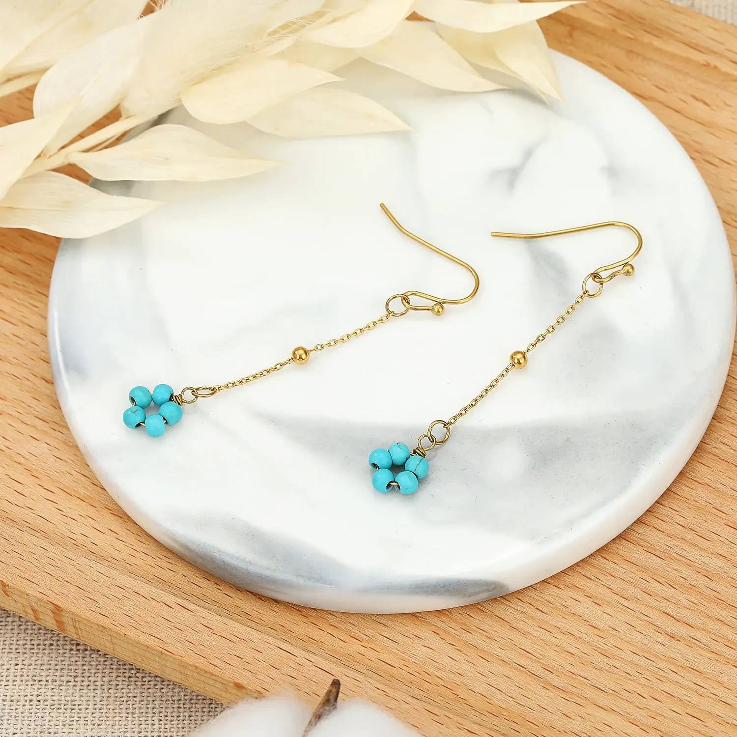 Turquoise beads flower circle with long chain Stainless steel Earring (4).webp