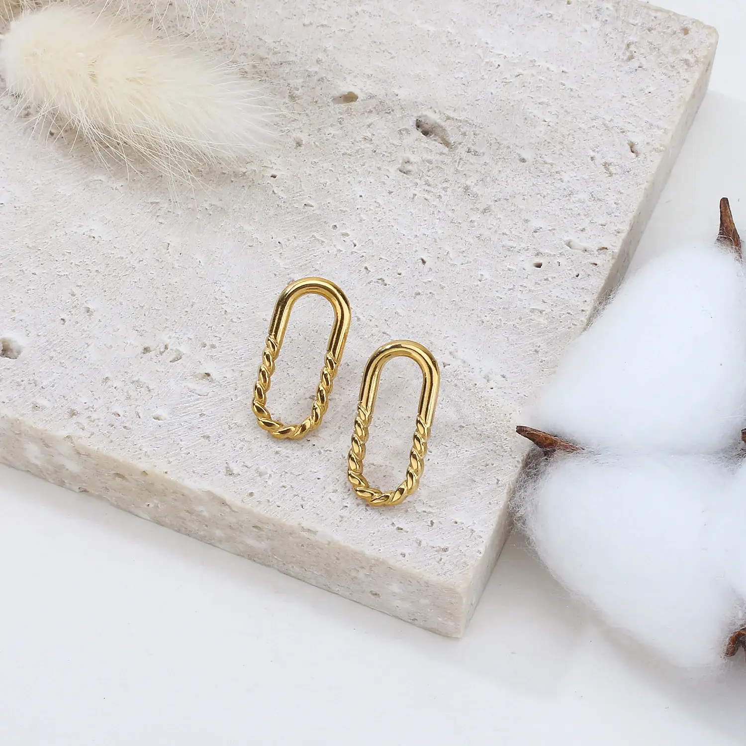 Oval Shape Twisted Hoop Stainless Steel Gold Earring  (1).webp