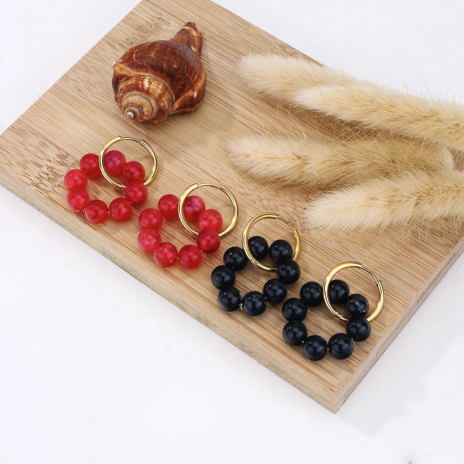 black red round beads circle stainless steel gold hoop earring (1).webp