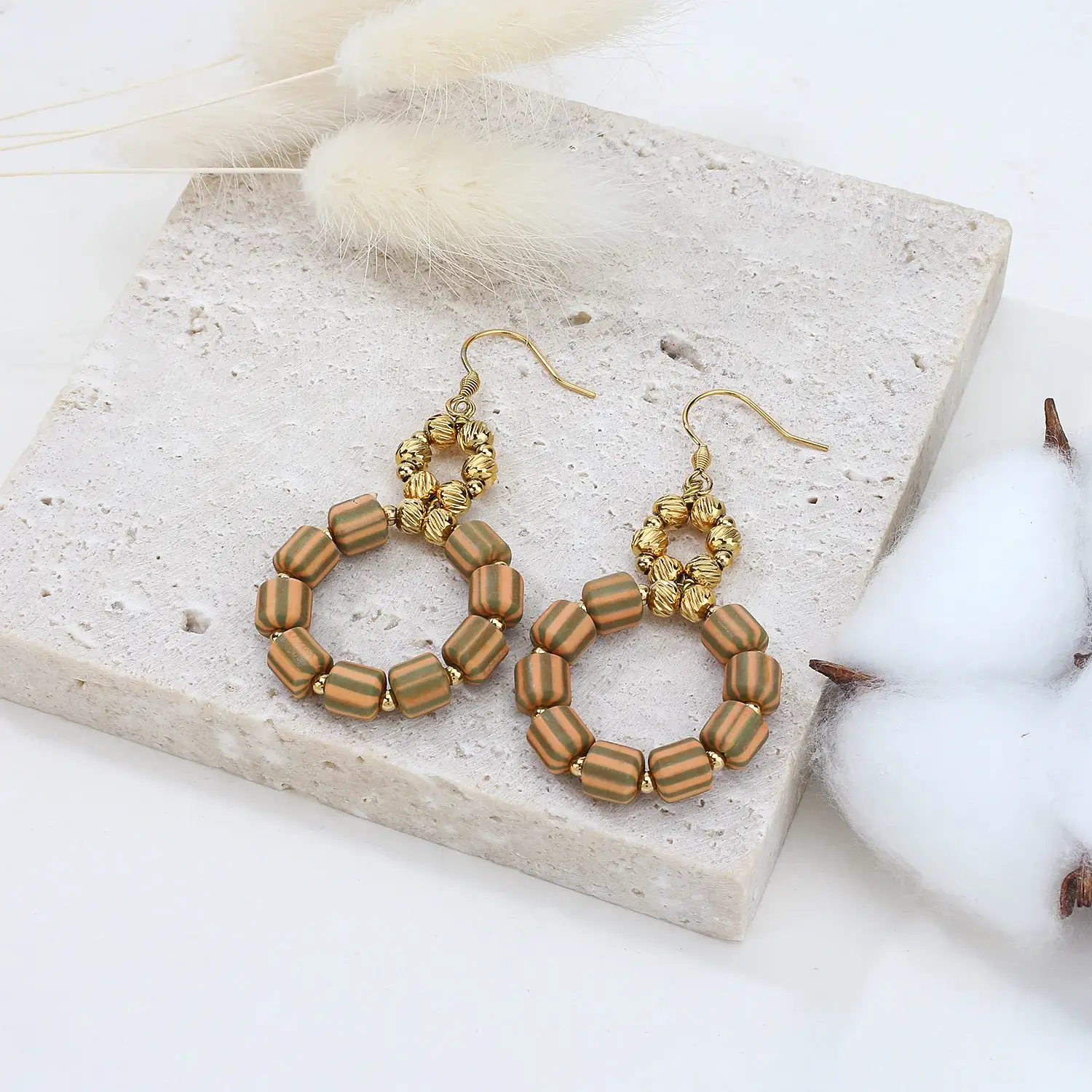 Soft Ceramic Tube With Gold Stainless Steel Beads Circle  Hook Earring  (1).webp