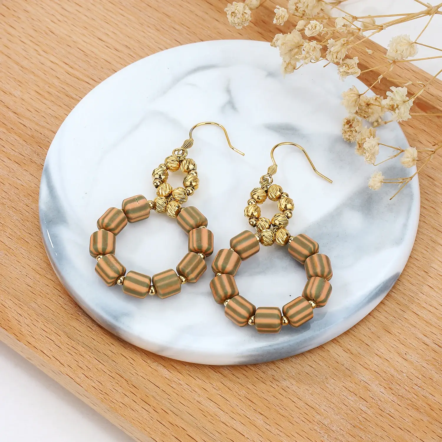 Soft Ceramic Tube With Gold Stainless Steel Beads Circle  Hook Earring  (3).webp