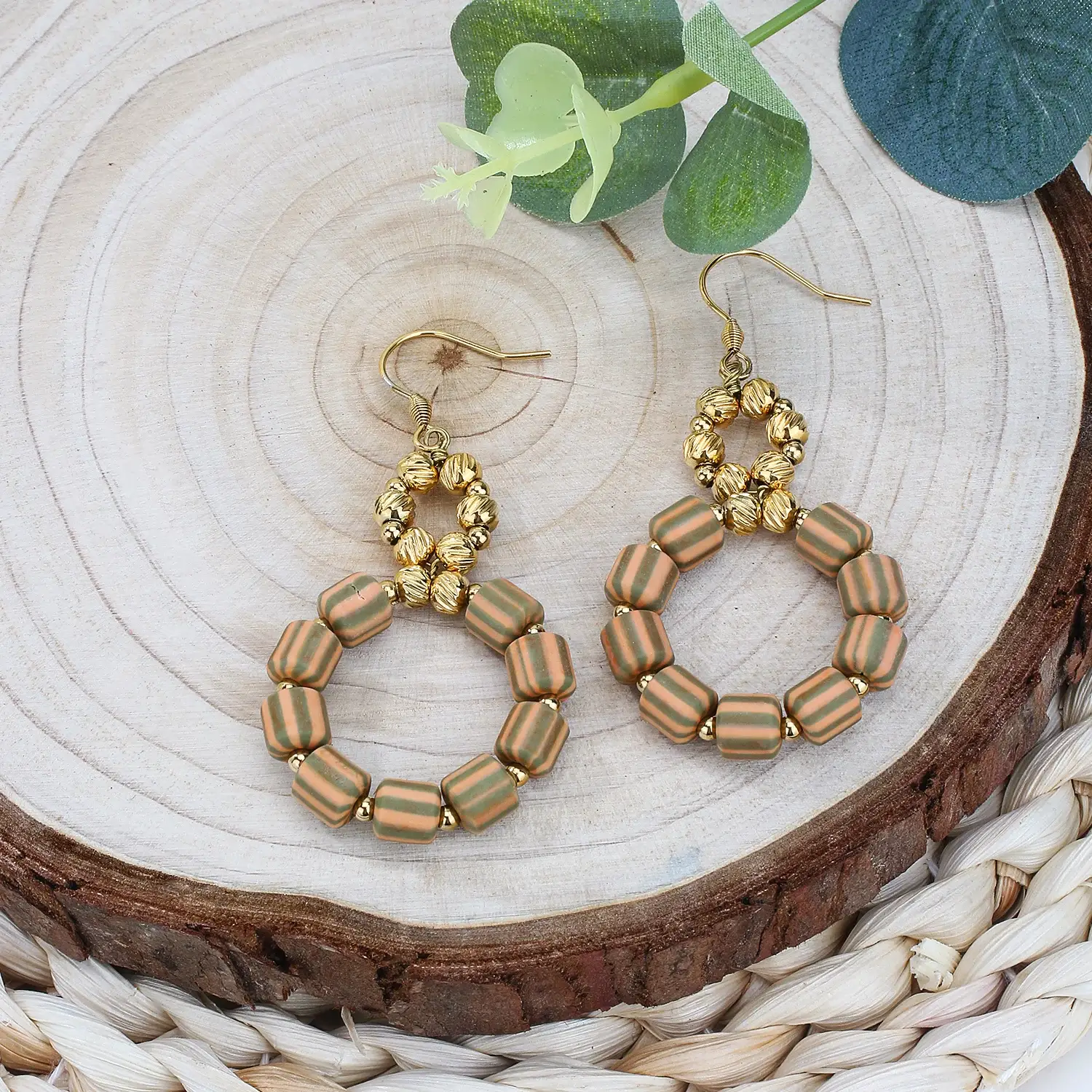Soft Ceramic Tube With Gold Stainless Steel Beads Circle  Hook Earring  (4).webp