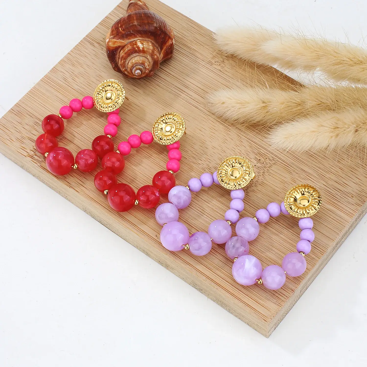 Color Resin Balls Circle With Gold Beads Stainless Steel Dangle Earring  (1).webp