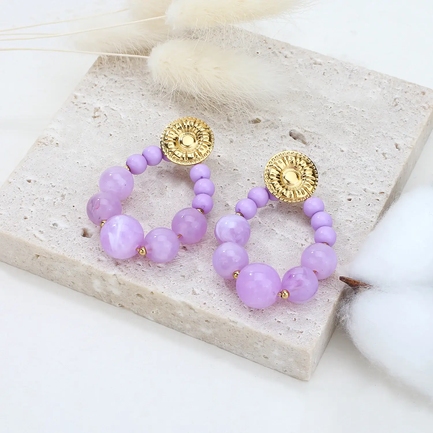 Color Resin Balls Circle With Gold Beads Stainless Steel Dangle Earring  (3).webp