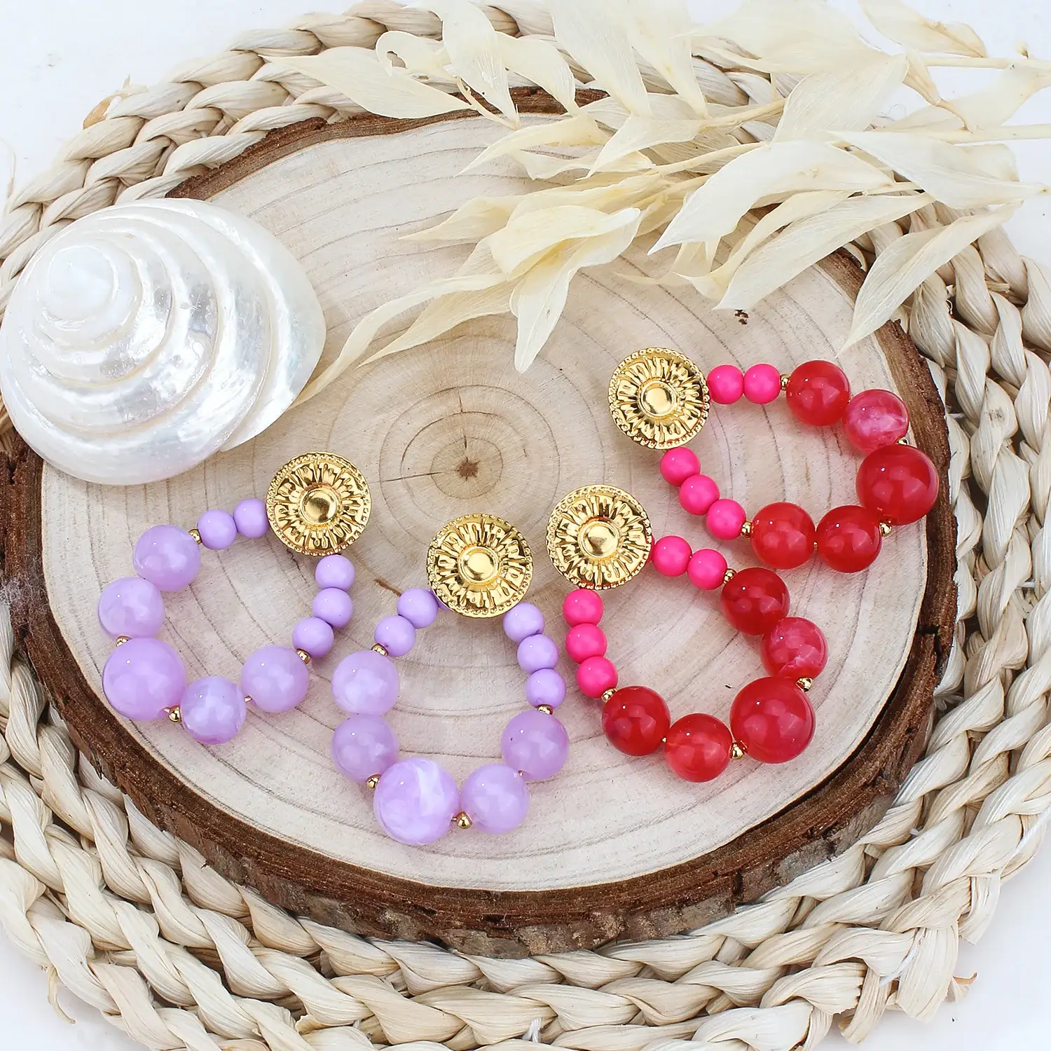 Color Resin Balls Circle With Gold Beads Stainless Steel Dangle Earring  (2).webp
