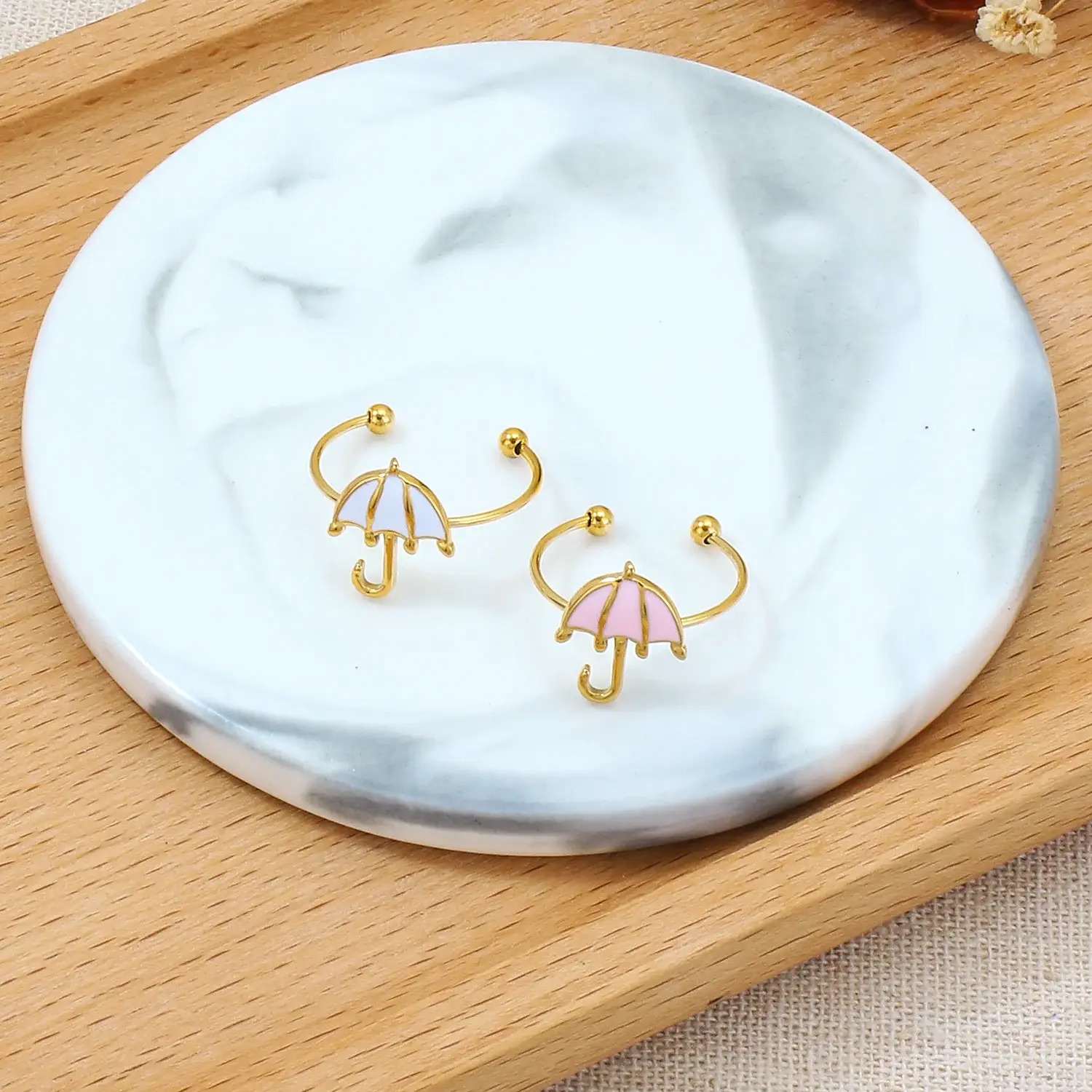 White And Pink Enamel Umbrella Shape Adjustable Size Stainless Steel Gold Ring (2).webp