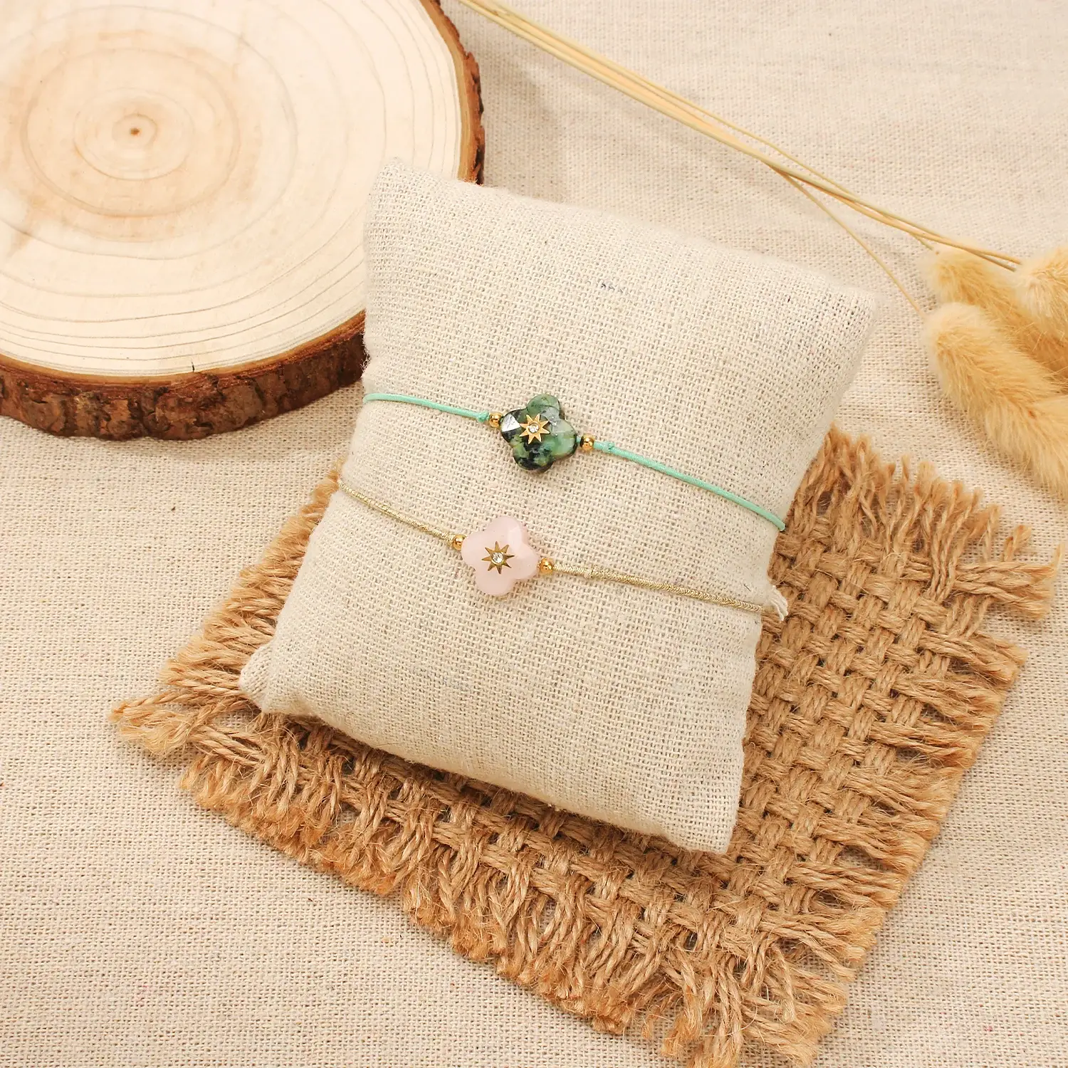 Pink Quartz And African Stone Clover Pendant with Elastic Rope Adjustable Bracelet (1).webp