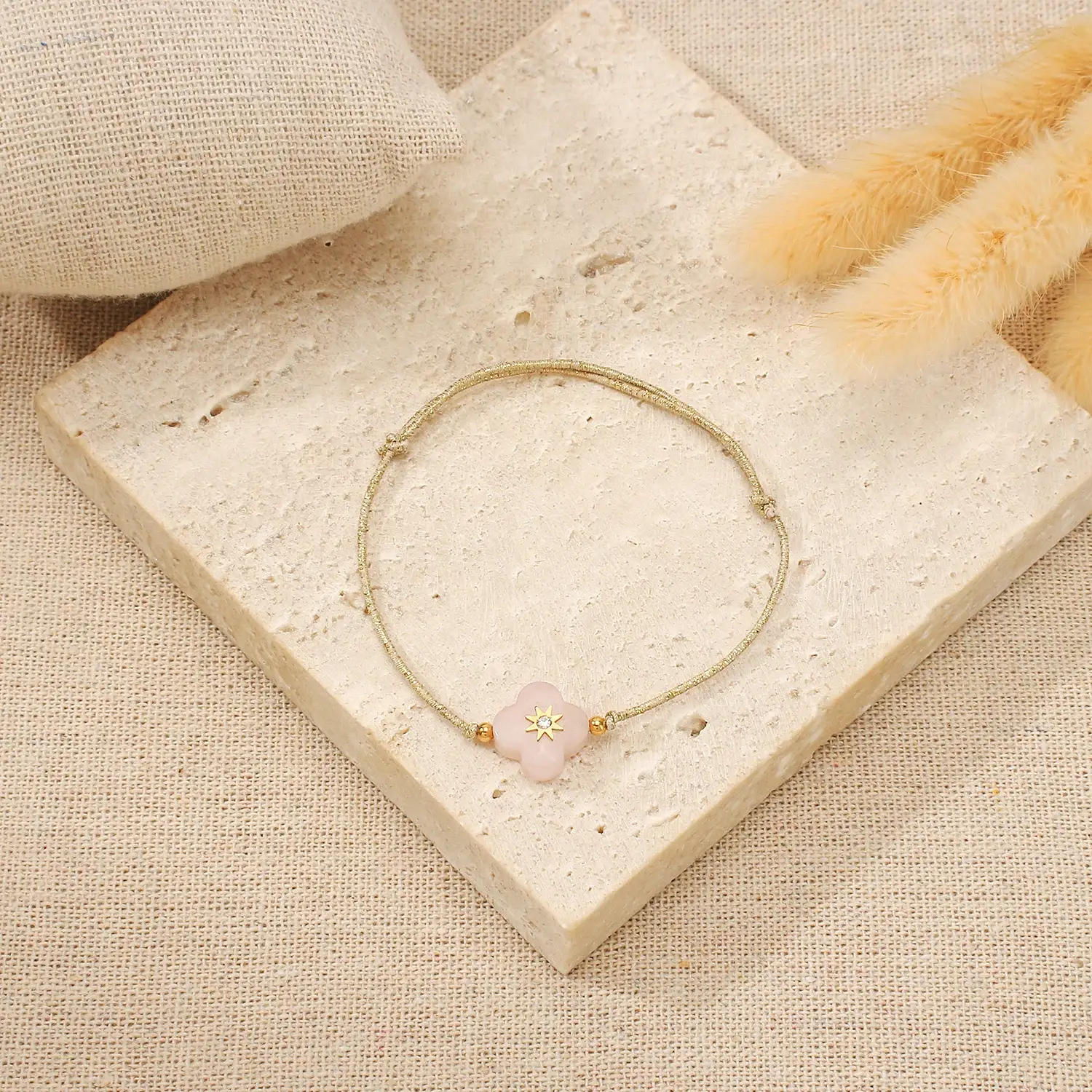 Pink Quartz And African Stone Clover Pendant with Elastic Rope Adjustable Bracelet (2)(1).webp