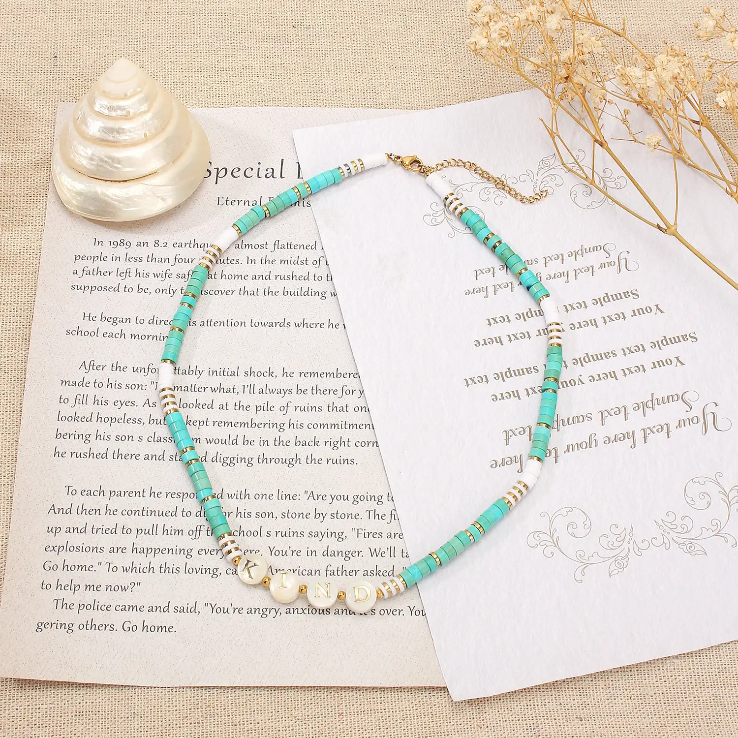 Hand make Stone Beads Mixed With White Shell Letters Kind Stainless Steel Necklace (3).webp