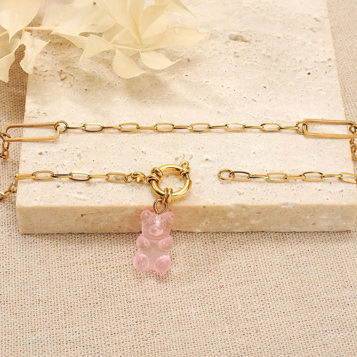 Cream Bear Pendant Mix Chain Stainless Steel Necklace  (2).webp