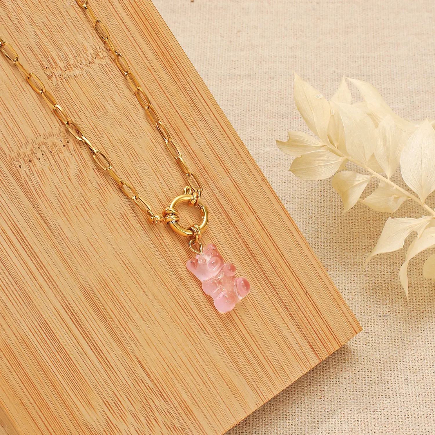 Cream Bear Pendant Mix Chain Stainless Steel Necklace  (4).webp