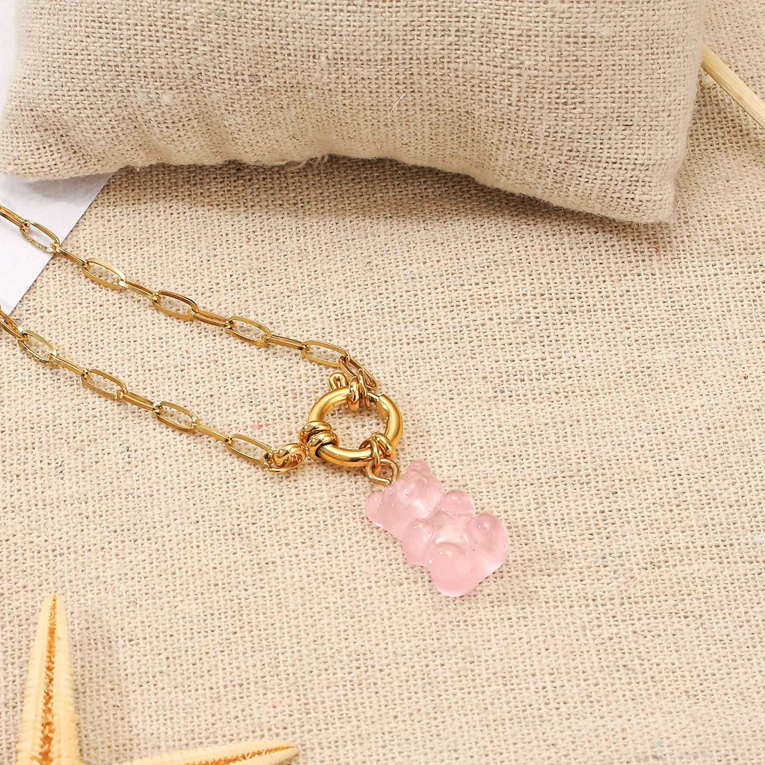 Cream Bear Pendant Mix Chain Stainless Steel Necklace  (3).webp