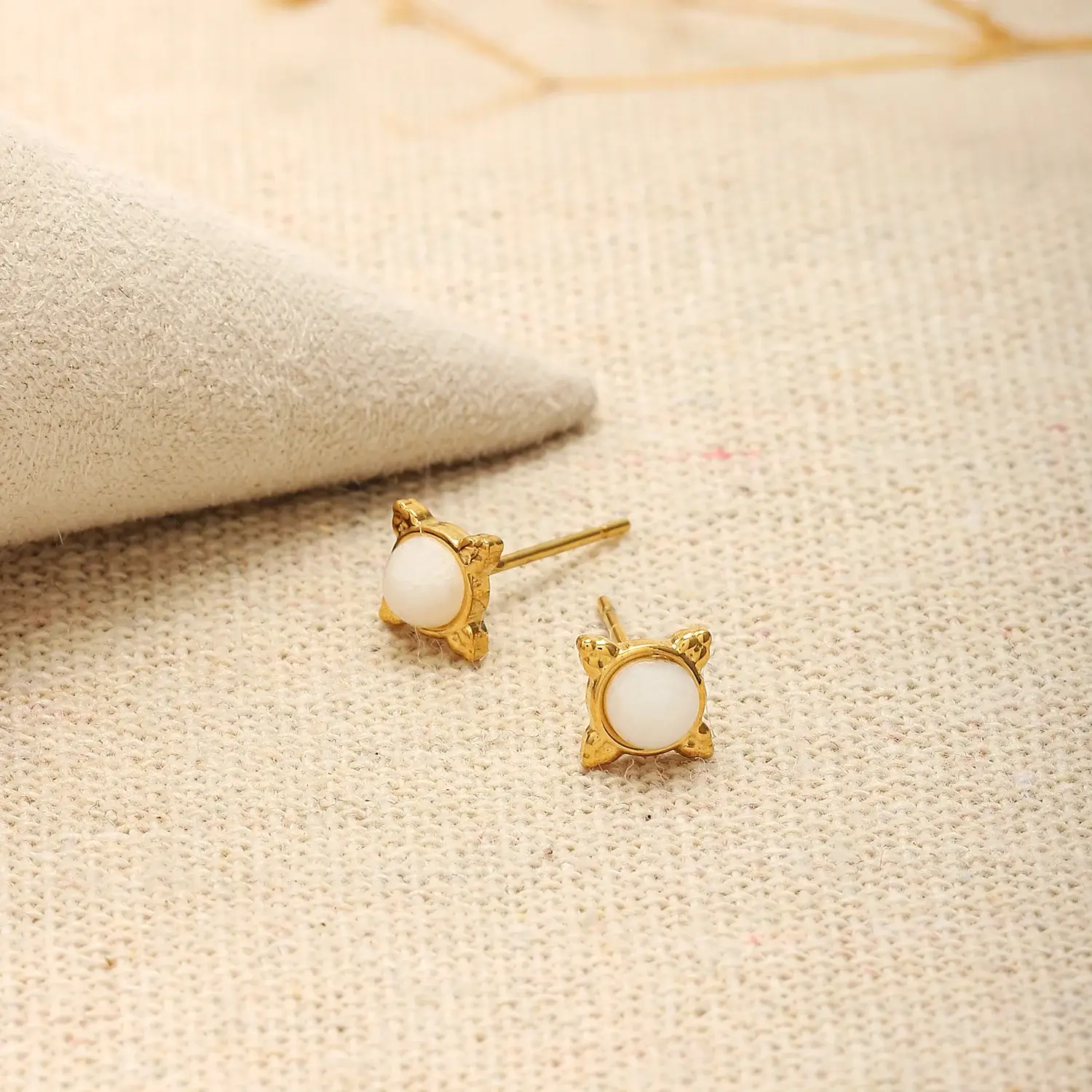 Tiny Flower with White Jade Beads Stainless Steel With Real Gold 18K Plating Non Tarnish  STud (2).webp