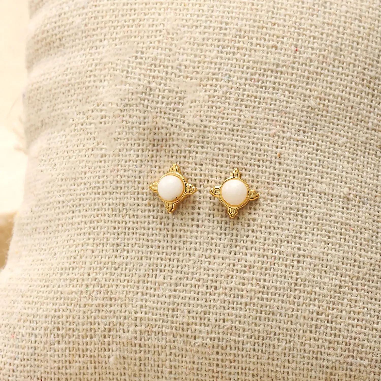 Tiny Flower with White Jade Beads Stainless Steel With Real Gold 18K Plating Non Tarnish  STud (1).webp