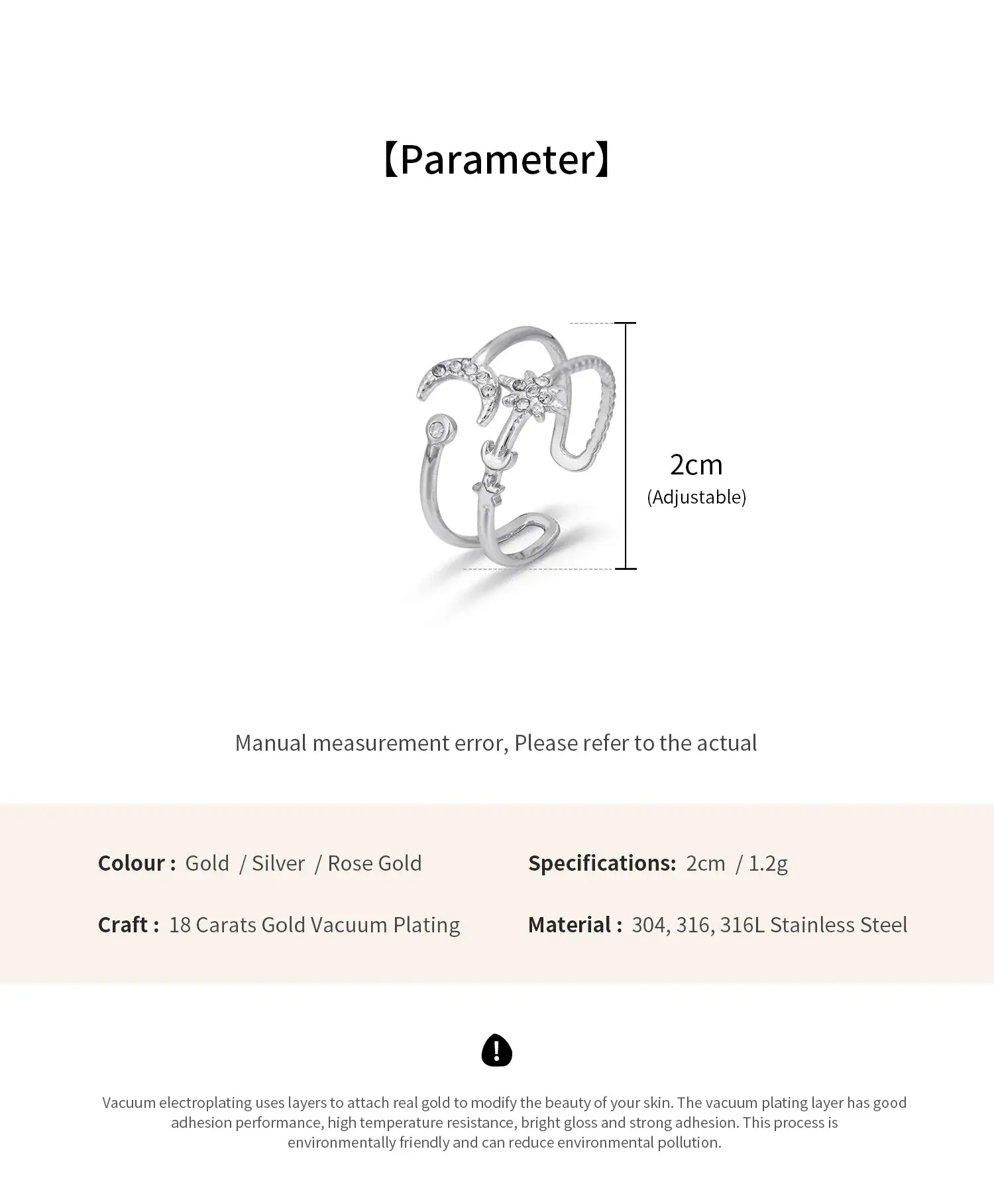 Moon And Star shiny Silver Color 2 Rows Stainless Steel Fine Jewelry  Adjustable Stainless Steel  Ring (6).webp