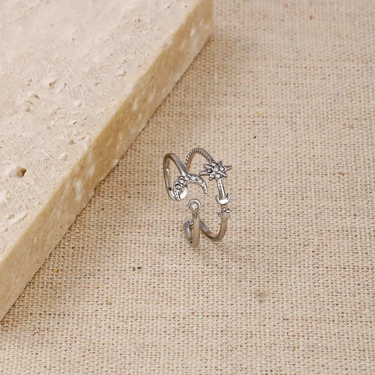 Moon And Star shiny Silver Color 2 Rows Stainless Steel Fine Jewelry  Adjustable Stainless Steel  Ring (2).webp