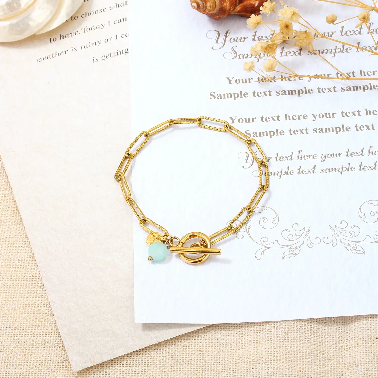 Square And Curved Pattern Chain With Round Stone Beads Stainless Steel Gold Plating OT Clasp Bracelet (4).webp