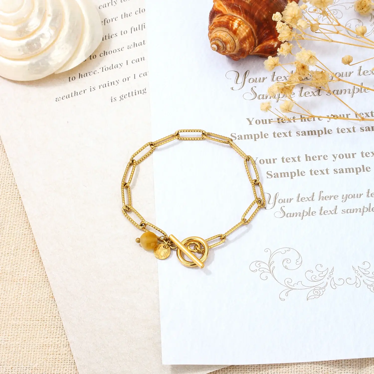 Square And Curved Pattern Chain With Round Stone Beads Stainless Steel Gold Plating OT Clasp Bracelet (3).webp