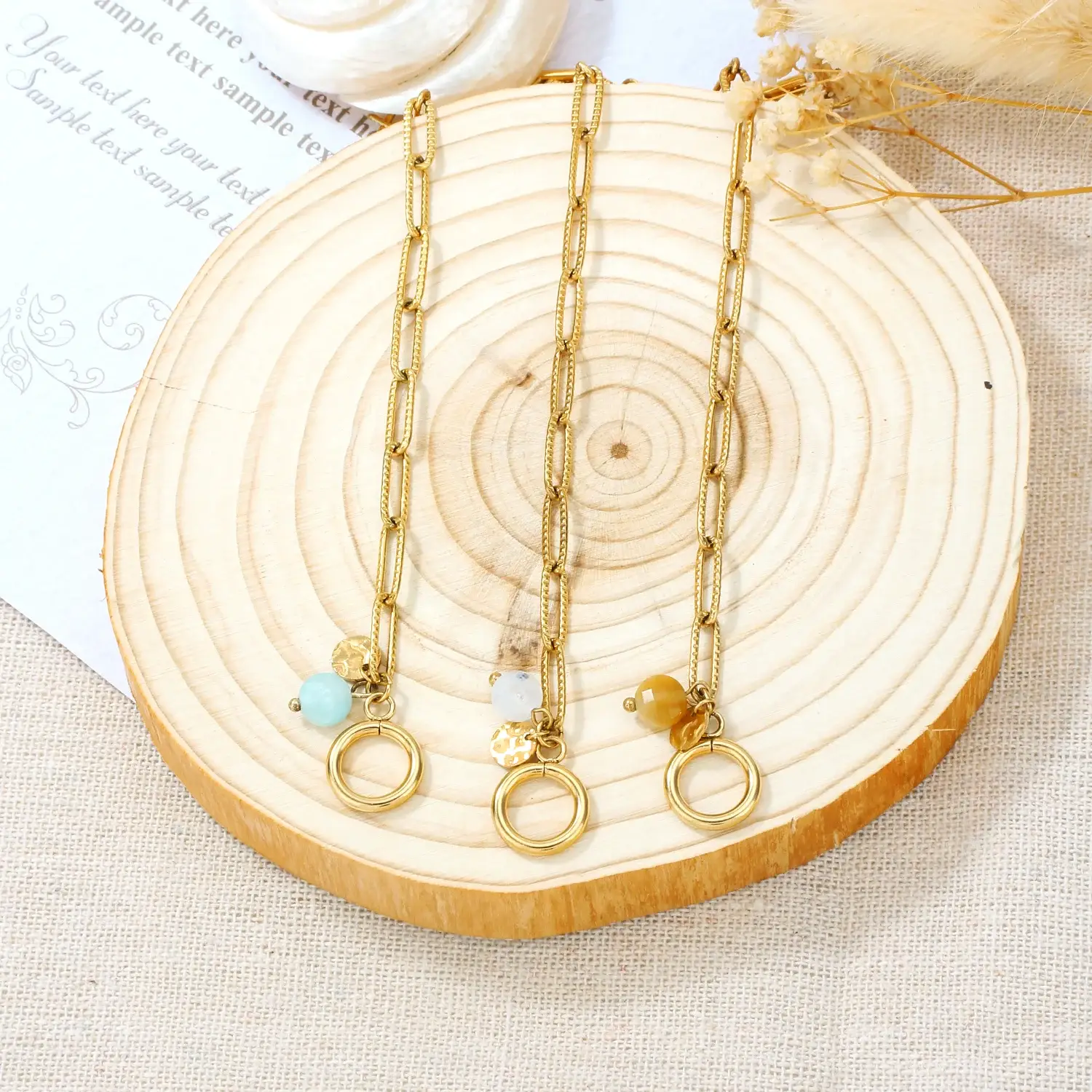 Square And Curved Pattern Chain With Round Stone Beads Stainless Steel Gold Plating OT Clasp Bracelet (11).webp