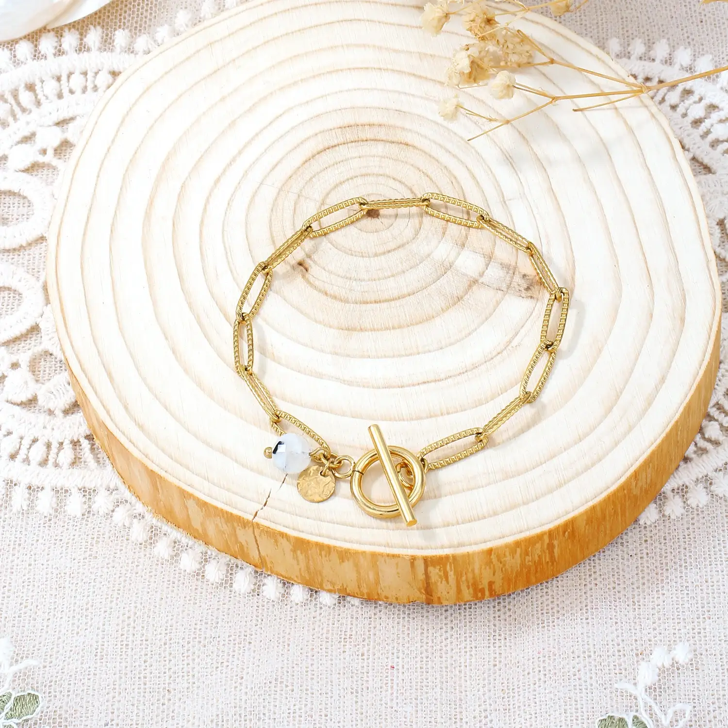 Square And Curved Pattern Chain With Round Stone Beads Stainless Steel Gold Plating OT Clasp Bracelet (5).webp